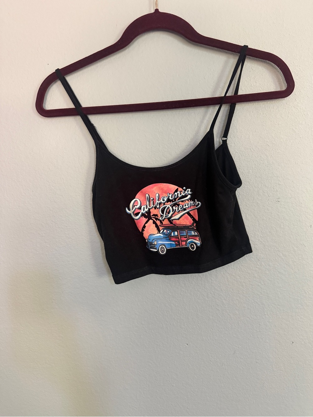 California Dreams Black Graphic Crop Tank Top